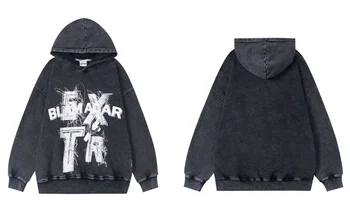 Реколта hoody с качулка Y2K, градинска облекло в стил хип-хоп, застиранная hoody с качулка с писмото принтом, модерен ежедневни памук пуловер в стил пънк-готик