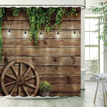 Реколта завеса за душ от кафява дървена дъска с зелени листа от растения, тъкани завеси за баня на вратата ферма навес, вътрешна баня с куки