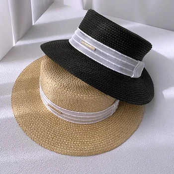 Реколта шапки с широка периферия, дамска сламена шапка, дамски лятна плоска шапка, универсална плоска шапка за почивка на море, слънчеви шапки, Шапки за предпазване от Слънцето