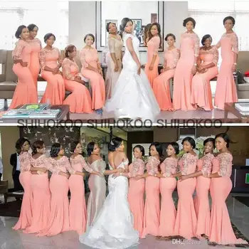 Розови, прозрачни дантелени рокли на шаферките в стил Русалка с дълги ръкави 3/4, флорални апликации, мъниста, деколте лодка, сватбена рокля за парти