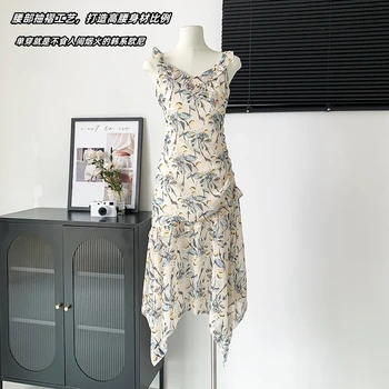 Рокли За Жени 2023, Елегантна винтажное рокля с цветен модел, яка на врата си, без ръкави, Хем с рюшами, Лятна плажна рокля