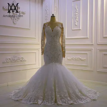рокли за жени 2023, цветове сватбена рокля на Русалка с дантелен аппликацией и дълъг ръкав, снежна,