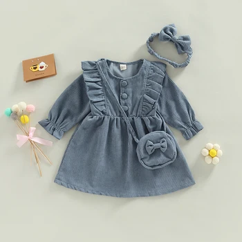 Рокля за малки момичета, есенно-пролетно облекло за деца, обикновена рокля на принцеса, детски дрехи с чанта, ежедневна рокля 1-6 години