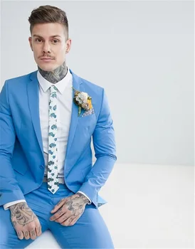 Сватбена монтиране костюм небесносин в една пуговице, мъжки костюми-wild Slim Fit за сватбеното парти (яке + панталон)