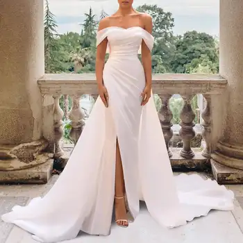 Сватбена рокля от органза с открити рамене и накъдрен, сшитое поръчкови сватбена рокля с висока цепка и дълги ръкави-тръби, Vestidos De Новия 2023