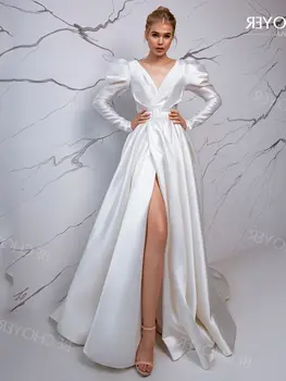 Сватбена рокля с дълъг ръкав 2023, V-образно деколте, самостоятелна струята, сватбената рокля трапецовидна форма Princess BECHOYER EL82, големи размери, Vestido De Noiva