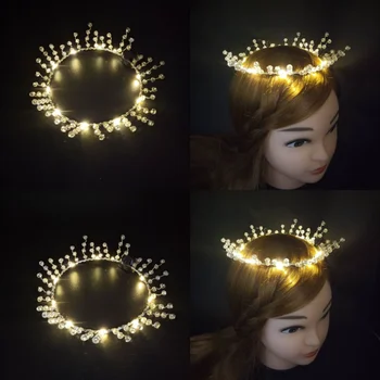 Светещ превръзка на главата за момичета с регулируемо led осветление, Кристален Короната, венец, лента за коса за булка, сватба, рожден Ден, светещи аксесоари за коса
