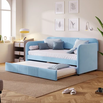 Светло синьо разтегателен диван с кушеткой с мека тапицерия Twin Size с разтегателен диван и дървена релса, Лесно се монтира за вътрешната мебели в хола