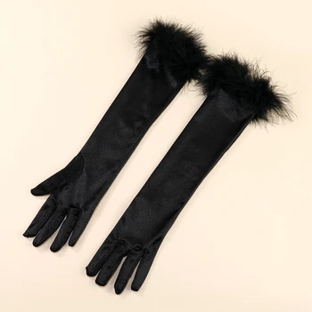Секси Дамски ластични копринени сатенени ръкавици с маншети на пръст дължина 53 см, денс-парти, ръкавици с пера за грим за Хелоуин, ръкавици за оперна сцена