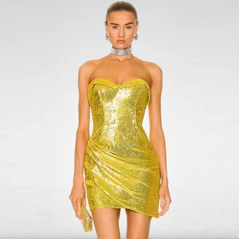 Секси рокля от тръба с отворен гръб и златни пайети, тънка плиссированная женска пола на бедрата