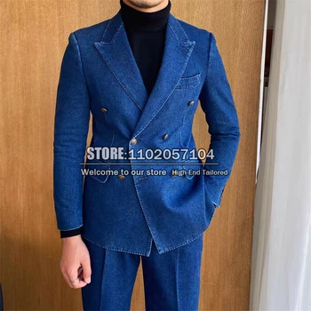 Сини дънкови костюми, мъжки, италиански двубортная яке + панталон, 2 броя, приталенная облекло за младоженеца, на официална бизнес премяна 2022