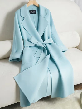 Синьо Двустранно Вълна Палто Женски Корейски Модни Дълги Тънки Елегантни Якета 2023 Пролет Есен
