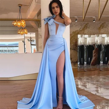 Скай-Синя рокля за бала с кристали Русалка с висока цепка на едно рамо, сексуална атласное вечерна рокля, вечерни рокли Vestido De Fiesta