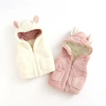 Сладко плюшено елек с заек за малки момичета, палта, пролет-есен, яке за новородено, детски връхни дрехи без ръкави с качулка, дрехи за малките момичета