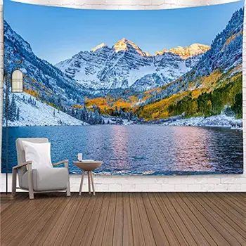 Снежен планински пейзаж на езерото, зимна гоблен в Колорадо, за да спални, природен пейзаж на Тибет, стенен гоблен, окачена в хола