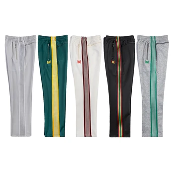 Спортни панталони 2023ss Needles, мъжки и дамски панталони в зелена ивица, лилави панталони с бродерия в формата на пеперуда