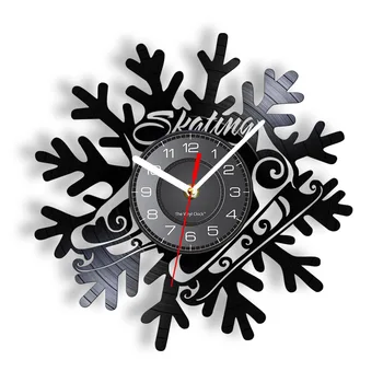 Стенен часовник в стила на каране на кънки на лед, направени от истинска снежинки, Кънки за каране на ски, модерните стенни часовници Longplay лазерно рязане, подарък за скиорите
