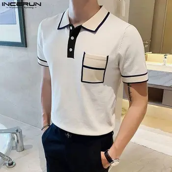 Стилни ежедневни блузи INCERUN, мъжки трикотажная риза в стил мозайка в контрастен цвят, красива мъжка блуза с къс ръкав и ревери S-5XL