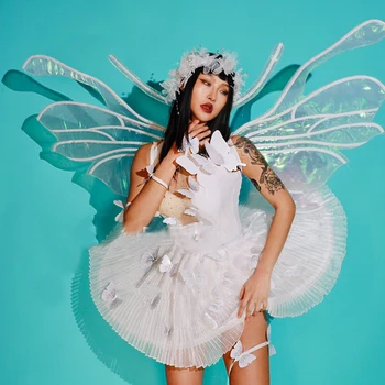 Танцови костюми Гого Бяло балетное рокля с пеперуда, секси облекло, за да се изяви на сцена за танци на един стълб, женски фестивал на рейв-облекло XS5859