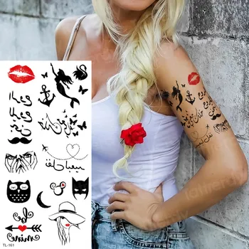 татуировки и боди арт, водоустойчив временни татуировки за момичета, временна стикер с татуировка, детска татуировка, черен стикер с целувка, сърцето на русалка