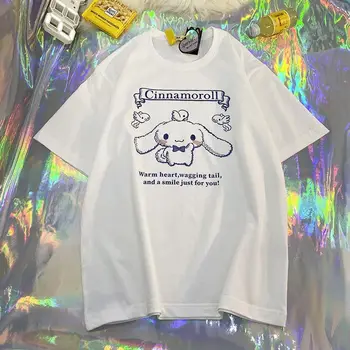 Тениска с къси ръкави и принтом Cinnamoroll от японски карикатура, 100% Памук, Унисекс Фланелка Оверсайз, Ежедневни Универсални капаци, Тениска Harajuku