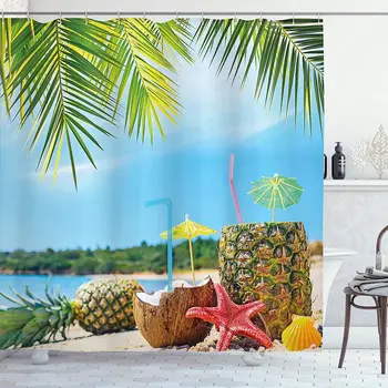 Тропически душ завеса за душ, свежи летни плодове, кокосови и ананасовые напитки на екзотичен плаж, палми, декор за баня с куки