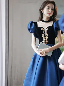 Тъмно синя рокля на принцеса, жаккардовое рокля за годеж, бархатное френското винтажное сладко корейска принцеса рокля Фея, вечерна рокля за парти