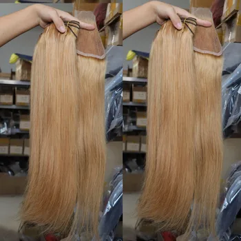 Търговия на едро Бразилски Снопове от човешки косъм Virgin завързана с цип, от естествена Коприна директен Златист blond # 27, Цветно заплитане на косата, Патица, тъкане