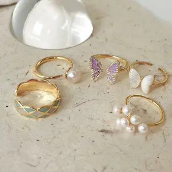 Уважаеми лилава пръстен с перли и сверкающим цирконии с геометричен цвете за жени, Изискани Сватбени декорации и Аксесоари за темперамент