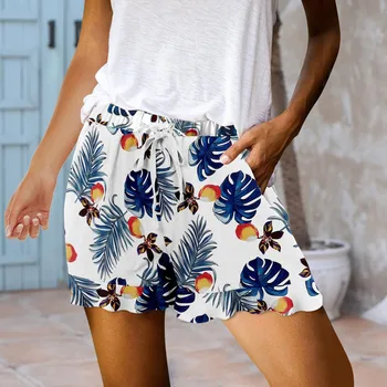 Удобни шорти с принтом листа, дамски панталони с еластичен ластик на талията, пижама с джоб, летни плажни панталони в стил бохо за почивка