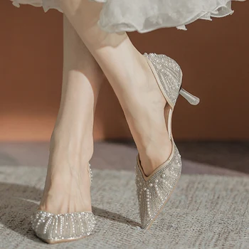 Фини обувки с остър Женски пръсти, с кристали, с високи токчета, пролет-лято, с перли, удобни обувки сватба за малко на висок ток