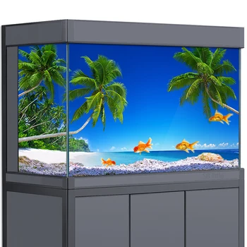 Фон за аквариум с рибки Тропически плаж Слънце Хавай Палми HD Украса за местообитание за влечуги и Печат на плакати от PVC
