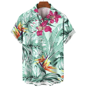 Хавайски мъжка риза с къс ръкав, риза с къси ръкави с яка-часова, принт под формата на кокосовата палма, мода, развлечения, почивка, плаж, на върха на една пуговице