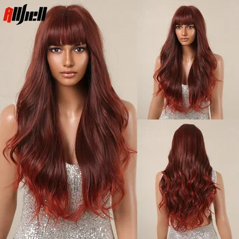 Червено-кафяви дълги вълнообразни синтетични перуки, с бретон, разход на тъмно-червена цветна перука за cosplay от естествена коса за черни жени, огнеупорни