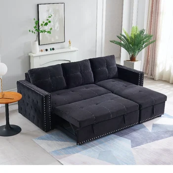 ЧЕРЕН диван с разтегателен диван, диван 2 места сгъваем шезлонг с място за съхранение на нещата, и двете дръжки с медни гвоздеи,, (91 
