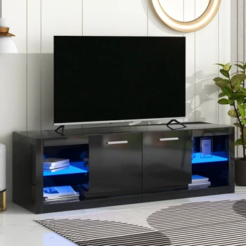 Черна модерна поставка за телевизор с 2 рафтове от закалено стъкло, за телевизори до 70 инча, елегантен телевизионен шкаф с led подсветка, меняющей цвят