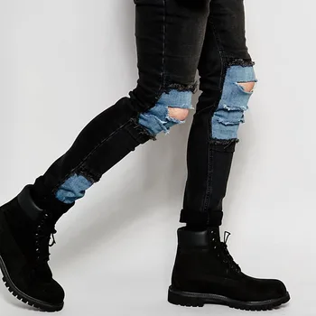 Черни стегнати дънки за мъже скъсаните дънки за мъже 2021 ежедневни скъсани сини тъканни субсидии улични и хип-хоп тесни дънки въображаемо панталоните за джогинг