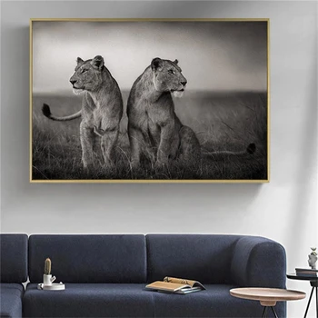 Черно-Бял африкански лъв, плакати с диви животни и щампи, пейзаж, платно, живопис, изкуство, природа, стенни картина за хола