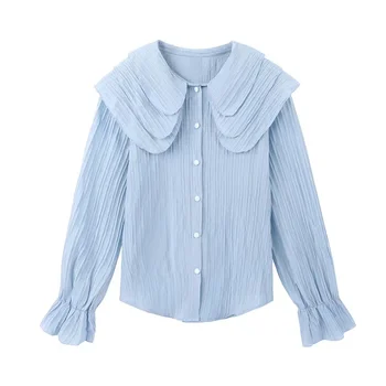 Шифоновая блуза, сини женски блузи с дълги ръкави, пролет 2023, корейската с модерна риза, однотонная свободна риза за жени голям Размер