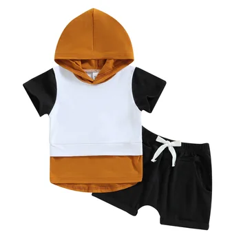 Шорти За новородени момчета, комплект от 2 теми, тениска в контрастен цвят, с качулка и с къси ръкави, къси панталони с еластичен ластик на талията, летни дрехи 3 м-24 м