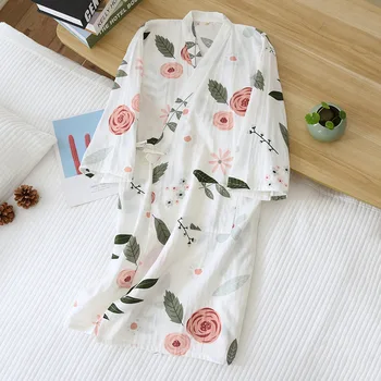 Японското кимоно, нощница, дамски пролетно-летен халат за баня, дамски нощница от 100% памук, елегантни цветя, домашно облекло